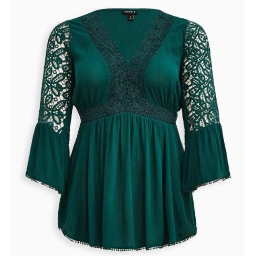Torrid Green Babydoll Crinkle Gauze V-Neck Blouse Lace Bell Sleeves 3 Fairy Boho - Picture 1 of 7
